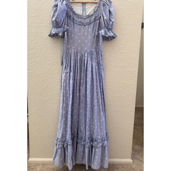 Vintage 1970's Blue Floral Cottage Core Puff Sleeve Maxi Dress - Picture 1 of 6